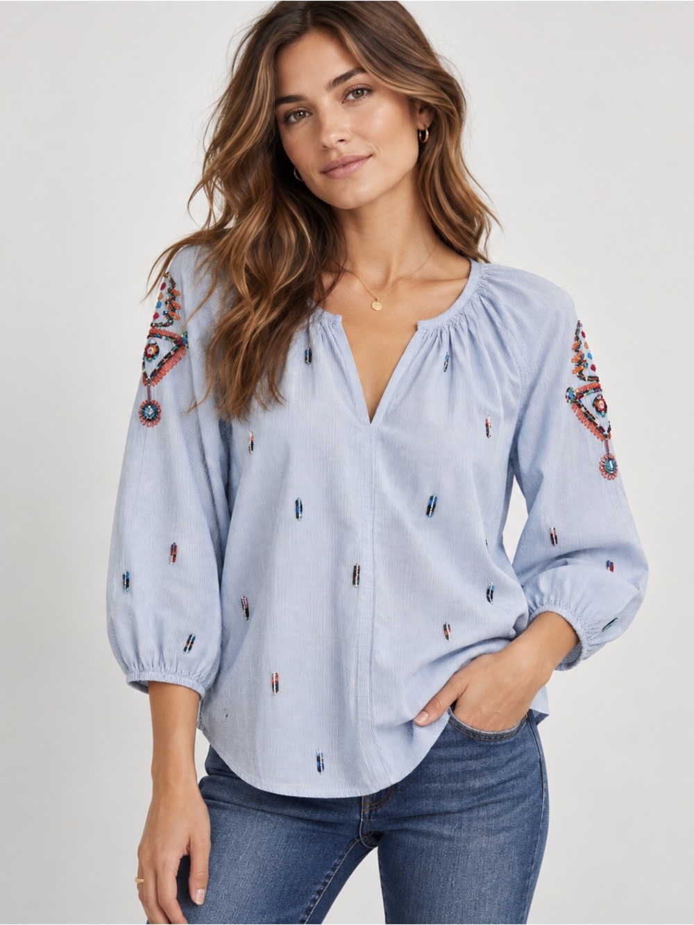 Velvet by Graham & Spencer XS Blue Pinstripe Embroidered Beaded Peasant Blouse